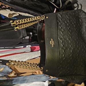 Coach Black Leather Shoulder Bag with Gold Chain